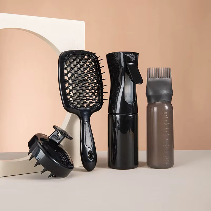 4Pcs Set Hollow Comb Set with Spray Bottle 200Ml Hair Care Product Set Silicone Shampoo Head Scalp Massage Brush