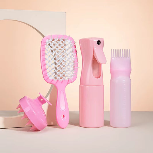 4Pcs Set Hollow Comb Set with Spray Bottle 200Ml Hair Care Product Set Silicone Shampoo Head Scalp Massage Brush