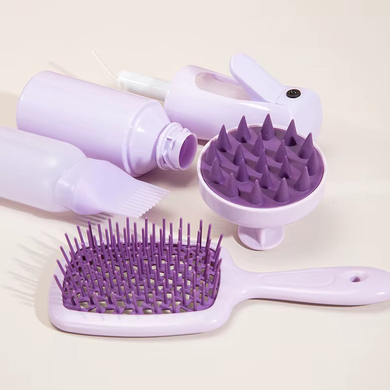 4Pcs Set Hollow Comb Set with Spray Bottle 200Ml Hair Care Product Set Silicone Shampoo Head Scalp Massage Brush