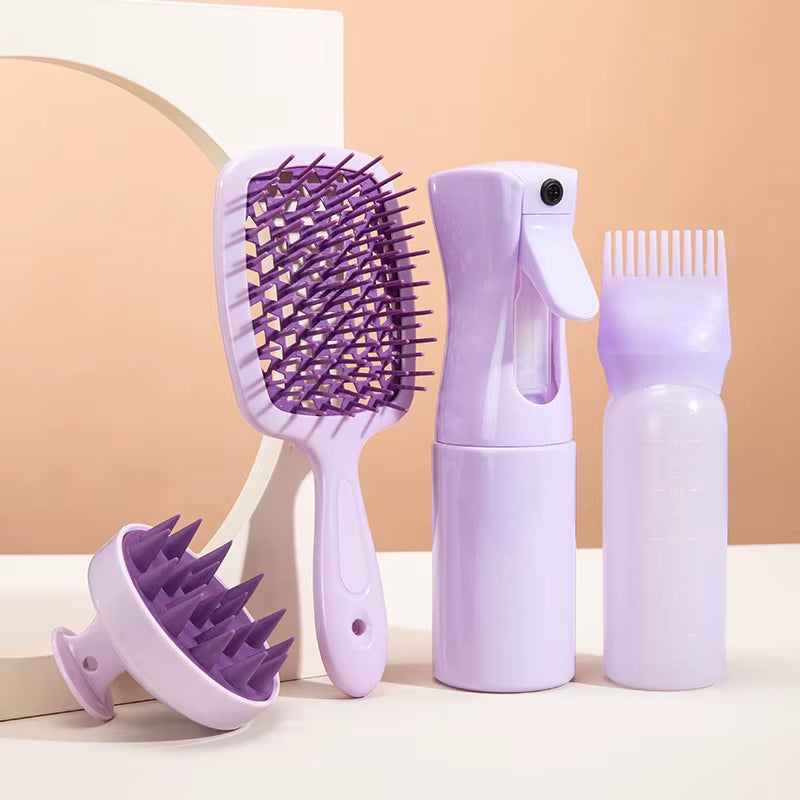 4Pcs Set Hollow Comb Set with Spray Bottle 200Ml Hair Care Product Set Silicone Shampoo Head Scalp Massage Brush