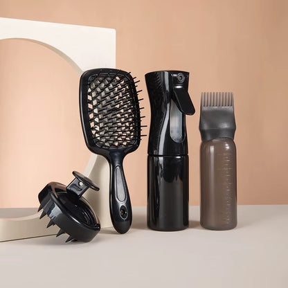 4Pcs Set Hollow Comb Set with Spray Bottle 200Ml Hair Care Product Set Silicone Shampoo Head Scalp Massage Brush